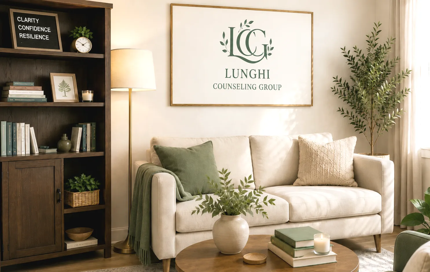 Warm, welcoming Lunghi Counseling Group office with the practice logo and a comfortable sofa